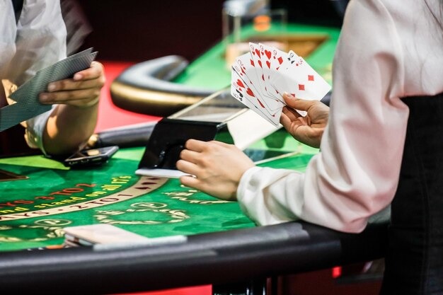 Live poker table with dealer and players